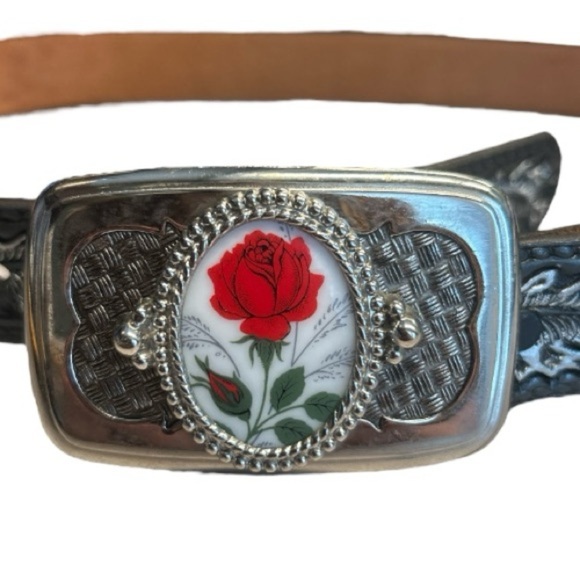 Mallory Black Western Leather Embossed Belt Silver Tone Buckle with Rose Inlay - Picture 2 of 7